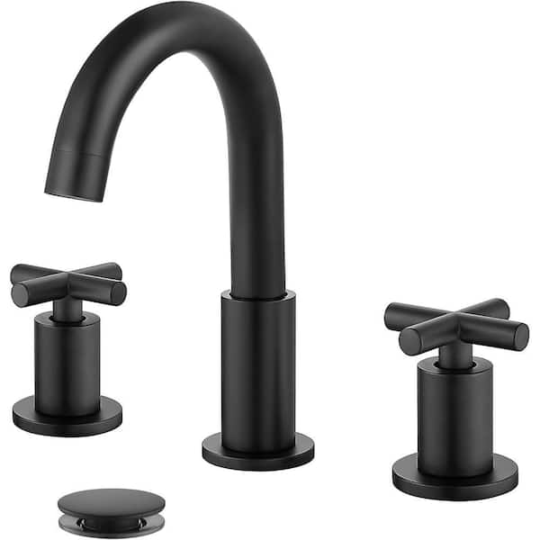 2 Cross Handle Vessel Sink Faucet Deck Mount Basin with Pop-Up Drain Matte Black