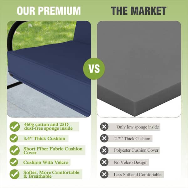 3-Person Metal Outdoor Patio Swing Chair with Convertible Canopy and Cushion, Navy Blue