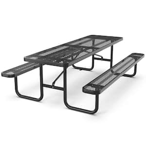 96 in. Black Expanded Rectangular Metal Picnic Table Seats 6-10 People without Umbrella Hole