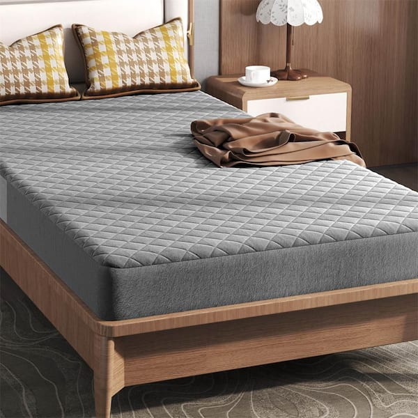Twin Size Polyester Mattress Protector with Deep Pocket Sponge Padding Anti-Slip Bottom Gray