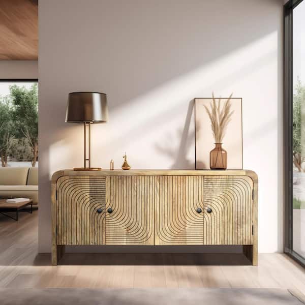 Brown Wood 63 in. Carved Front Waterfall Edge Sideboard