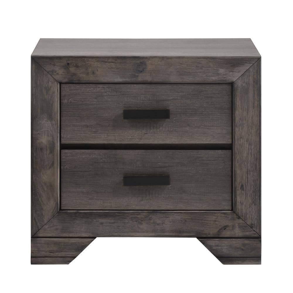 Rustic Gray Oak 2-Drawer Nightstand with Black Metal Pulls