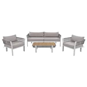 4-Piece Metal Brown Rope Patio Outdoor Conversation Sectional Sofa Set with Coffee Table and Brown Gray Cushion