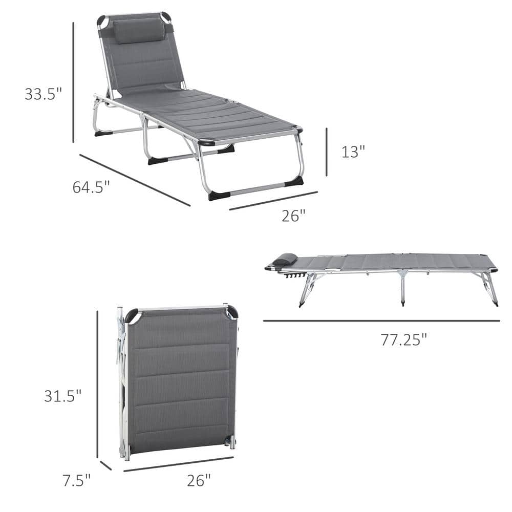 Gray Aluminum Armless Foldable Outdoor Chaise Lounge Chair