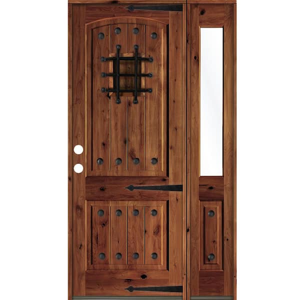 Krosswood Doors 50 in. x 96 in. Medit. Knotty Alder Right-Hand/Inswing Clear Glass Red Chestnut Stain Wood Prehung Front Door w/RHSL