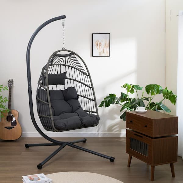 Nestfair Wicker Outdoor Patio Swing Egg Chair with Stand and Cushion