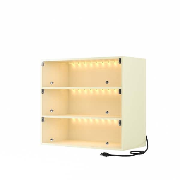 27.9 in. H x 14.9 in. D x 31.4 in. W Beige Three Layers Wood Shoe Storage Cabinet with Glass Doors and LED Light