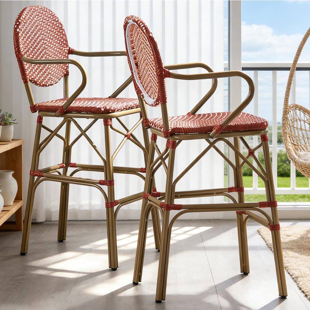 Red Bamboo Print Finish Wicker and Aluminum Outdoor French Bar Stool (2-Pack) price history on PriceWatchPro