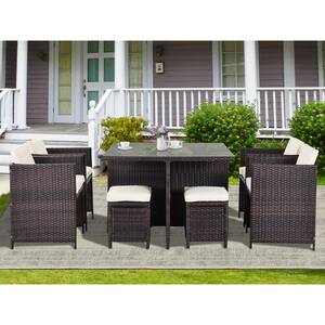 Modern Brown 9-Piece Wicker Outdoor Dining Set with Beige Cushions