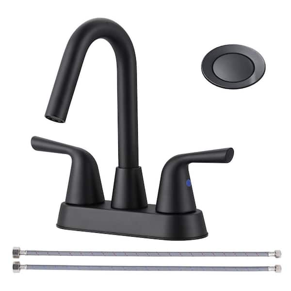 VEVETTA 4 in. Centerset Double Handle High Arc Bathroom Faucet with with Pop-Up Drain Stopper and Supply Hoses in Matte Black