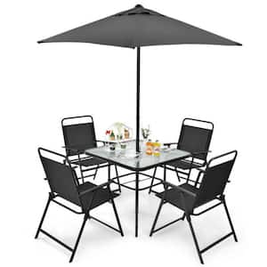 Gray 6-Piece Metal Patio Outdoor Dining Set and Umbrella