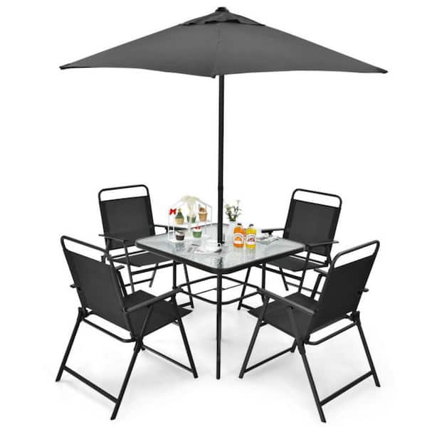 Clihome Gray 6-Piece Metal Patio Outdoor Dining Set and Umbrella