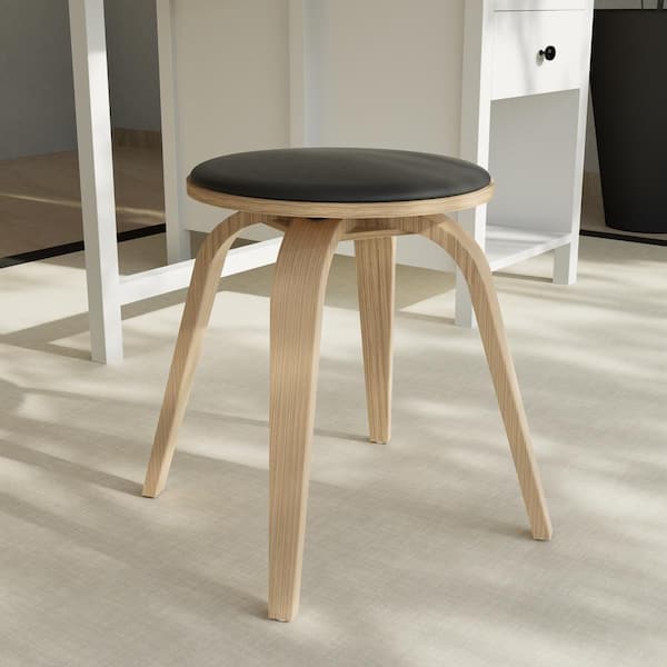 18 in. Counter Height Stool in Leather with Poplar Wood Legs and Iron Footrest 360 Swivel Seat in Washed Walnut/Black
