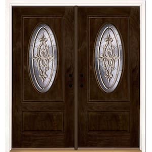 74 in.x81.625 in. Silverdale Brass 3/4 Oval Lt Stained Chestnut Mahogany Right-Hand Fiberglass Double Prehung Front Door