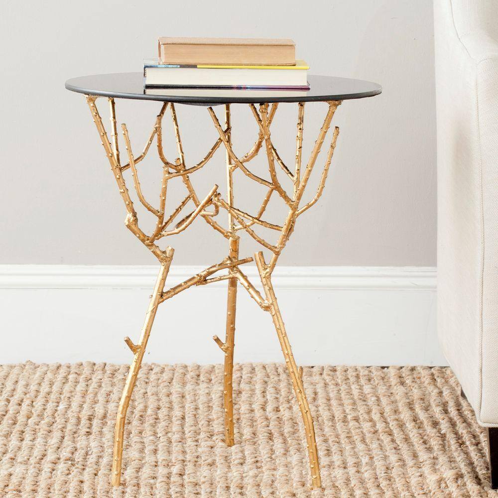18" Transitional Black and Gold Round Metal & Glass Accent Table