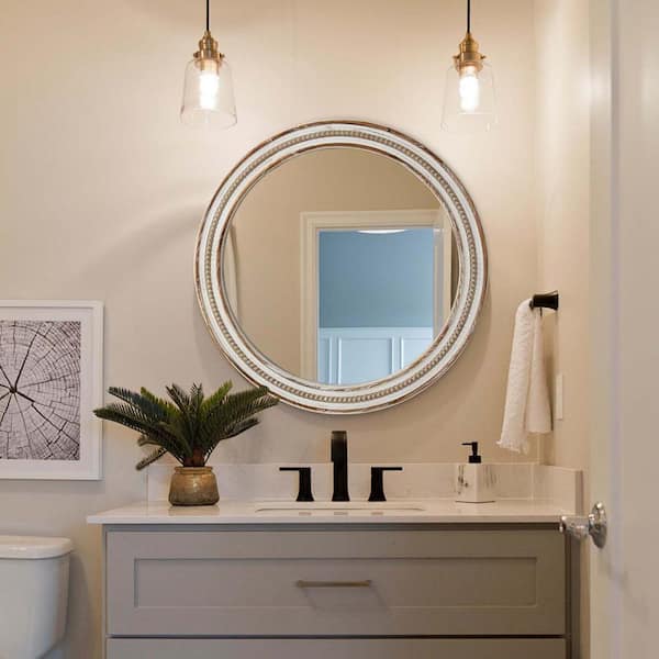 Unbranded 23.62 in. W x 23.62 in. H Wood Framed Round Decorative Wall Mirror Farmhouse Whitewash Edge Vanity Mirror