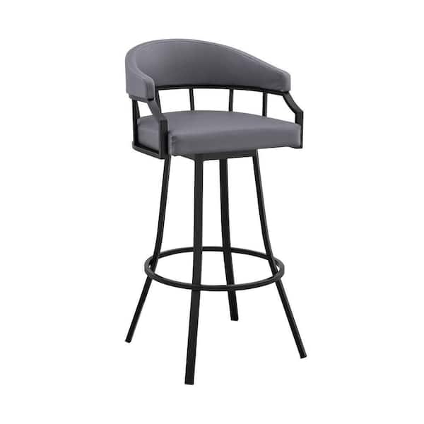 Benjara Mayla 36 in. Gray and Black Faux Leather Swivel Counter Stool with Flared Legs and Metal Frame