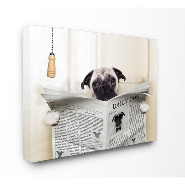 16 in. x 20 in. "Pug Reading Newspaper in Bathroom" by In House Artist Printed Canvas Wall Art