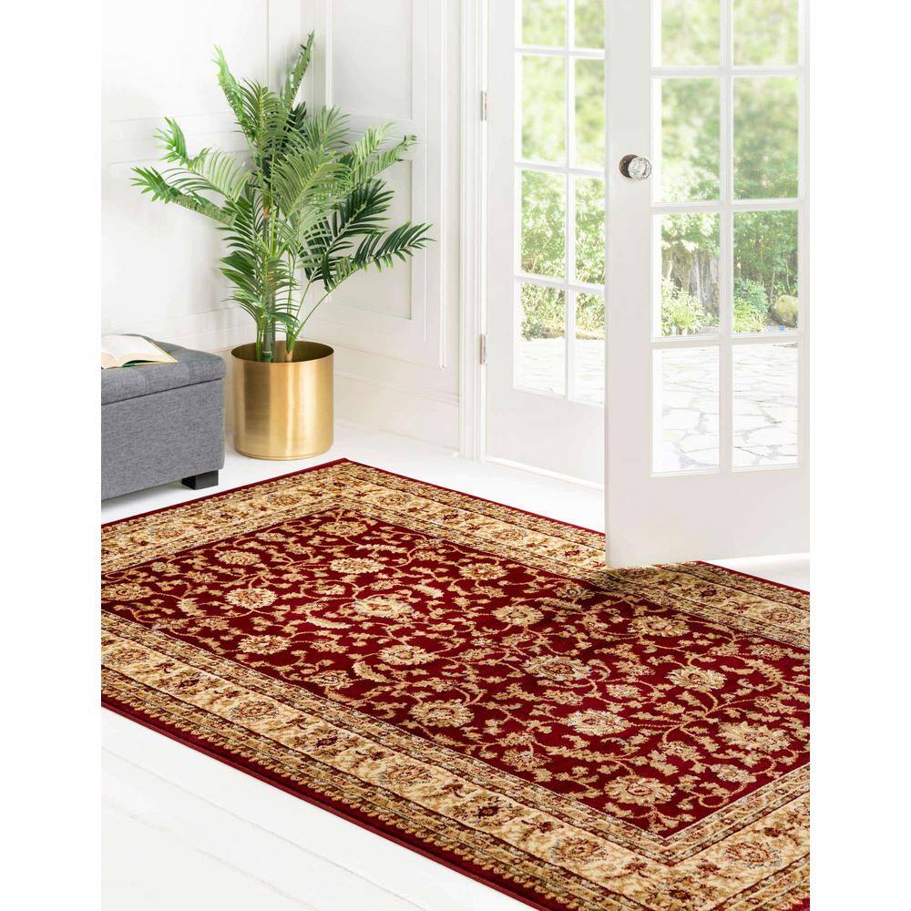 Red and Gold Rectangular Floral Synthetic Area Rug 4' x 6'