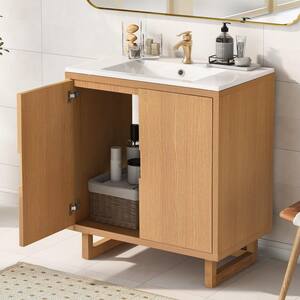 30 in. W x 18 in. D x 35 in . H Bathroom vanity Set with Sink in Burly Wood with Concealed Handle and White Resin Top