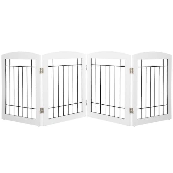 Freestanding Foldable Indoor Dog Gate for Doorways and Stairs Wooden Puppy Safety Fence 80 Wide 24 Height 4 Panels White