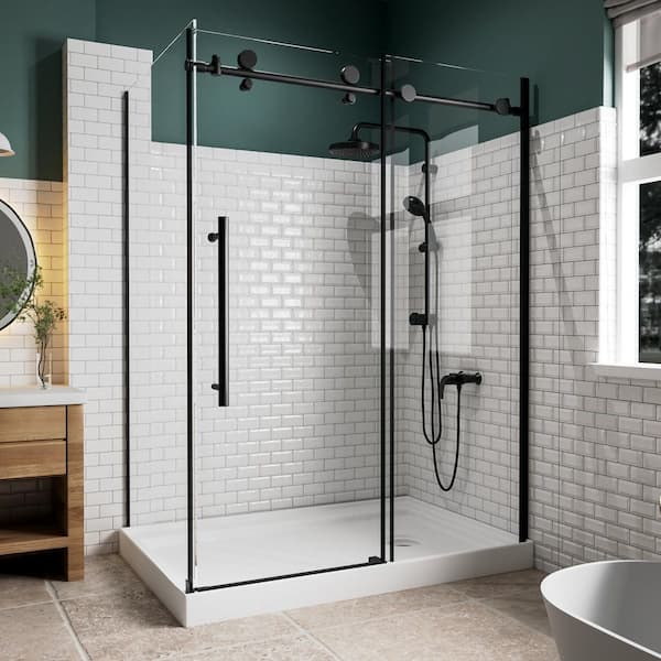 43-47 in. W x 33 in. D x 72 in. H Modern Frameless Corner Sliding Shower Door Enclosure in Matte Black Clear Glass