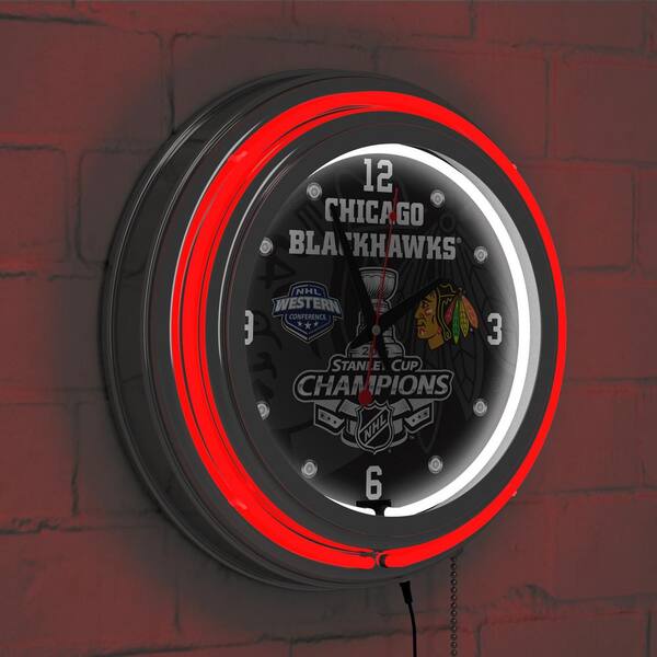 Chicago Blackhawks Red 2015 Stanley Cup Champs Lighted Analog Neon Clock