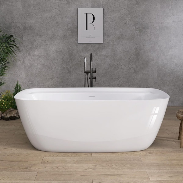 Zeafive Dex 67 in. x 31 in. Freestanding Soaking Tub with Storage Free Standing Acrylic Bathroom Bathtub Center Drain in White
