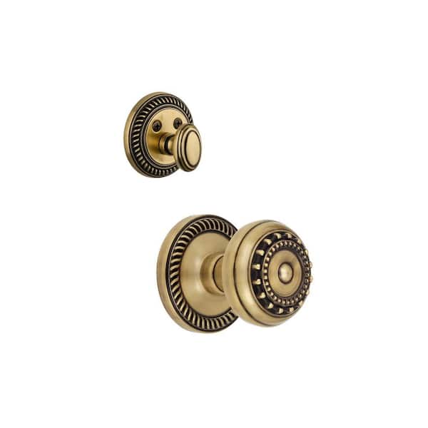 Grandeur Newport Single Cylinder Vintage Brass Combo Pack Keyed Alike with Parthenon Knob and Matching Deadbolt