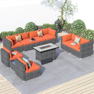 Messi Grey 10-Piece Wicker Outdoor Patio Fire Pit Conversation Sofa Sectional Set with Orange Red Cushions
