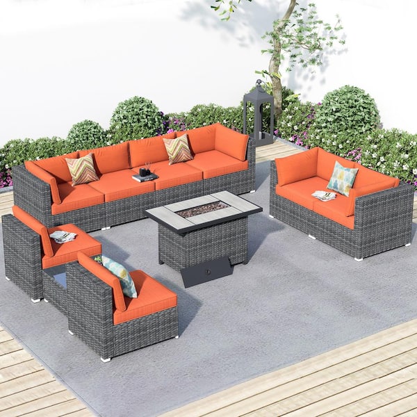 HOOOWOOO Messi Grey 10-Piece Wicker Outdoor Patio Fire Pit Conversation Sofa Sectional Set with Orange Red Cushions