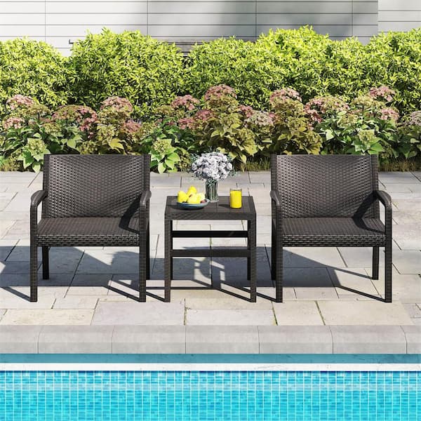 3 Piece Patio Furniture Set with 2 Modern Rattan Armchair and 25 in. Squire Side Table Black