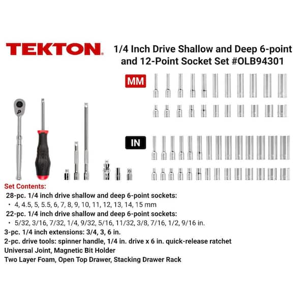 1/4 Inch Drive 6-Point Socket and Ratchet Set with Open Top Drawer and Rack, 58-Piece (5/32-9/16 in., 4-15 mm)