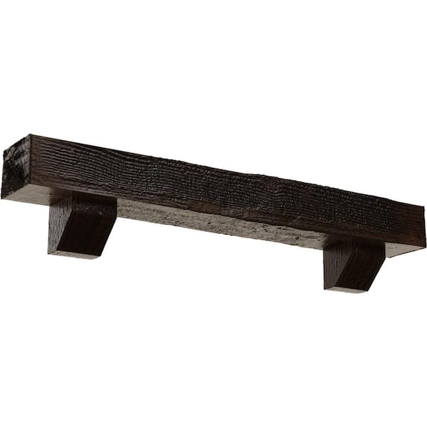 Ekena Millwork 4 in. x 4 in. x 6 ft. Rough Sawn Faux Wood Fireplace Mantel Kit with Ashford Corbels, Premium Aged
