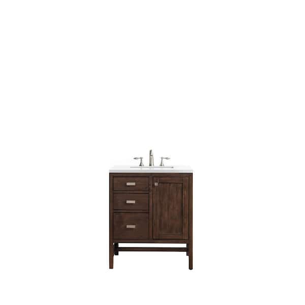 James Martin Vanities Addison 30 in. W x 23.5 in.D x 35.5 in. H Single Vanity in Mid Century Acacia with Quartz Top in Classic White