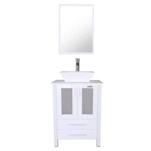 24 in. W x 20 in. D x 32 in. H Single Sink Bath Vanity in White with Ceramic Vessel Sink Top Chrome Faucet and Mirror