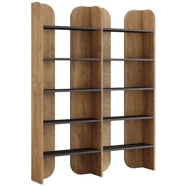 Eulas 70.87 in. Tall Light Brown Wood Double Wide Bookcase with 10 Black Open Shelves, Farmhouse Freestanding Bookshelf