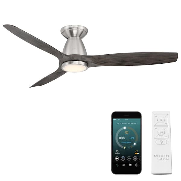 Modern Forms Skylark 54 in. 3-Blade Smart Indoor/Outdoor Flush Mount Ceiling Fan in Brushed Nickel Ebony 3000K LED and Remote