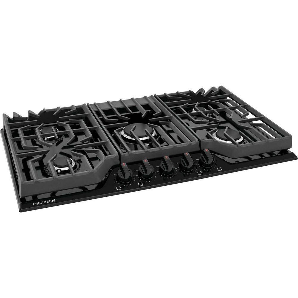 36" Black Gas Cooktop with 5 Burners and Cast Iron Grates