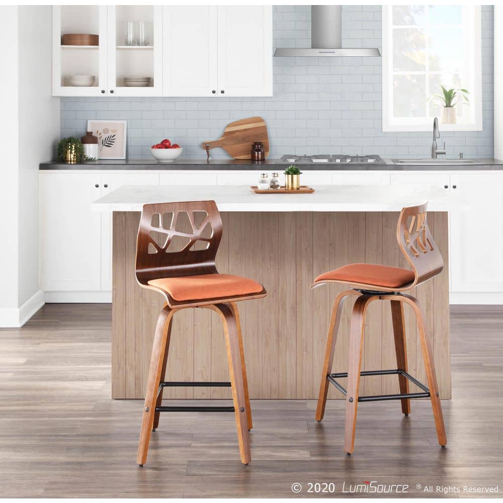 Folia Mid-Century Swivel Counter Stool Set in Orange, Walnut, and Black