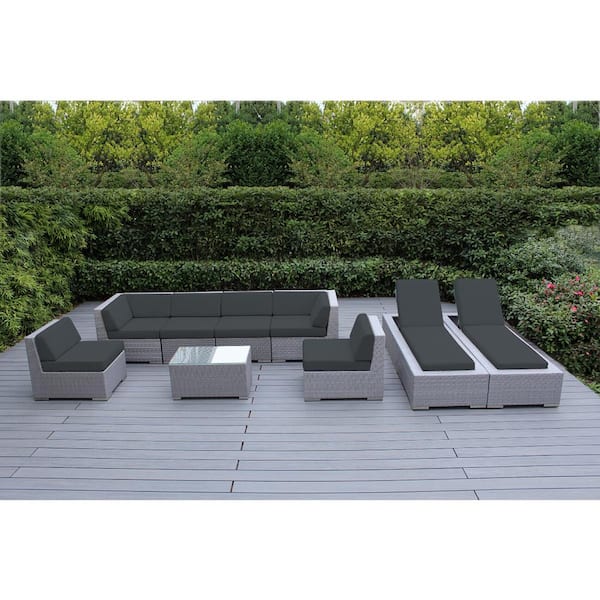 Gray 9-Piece Wicker Patio Combo Conversation Set with Sunbrella Coal Cushions