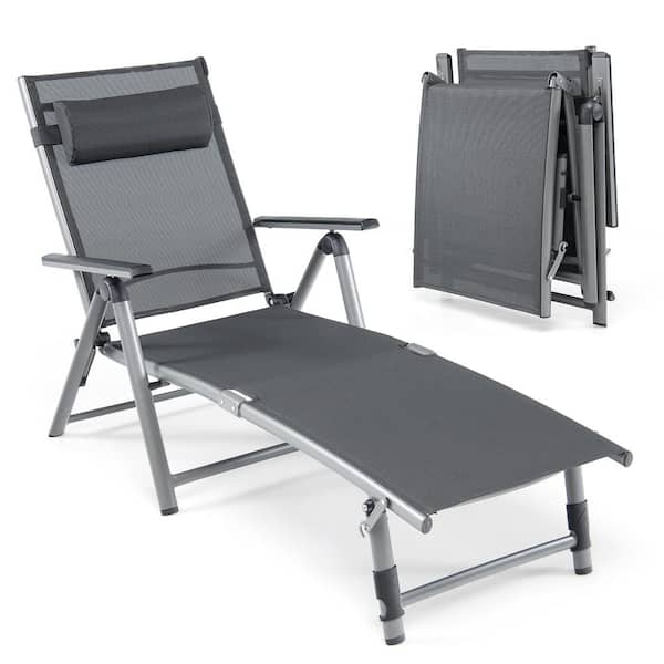 Patio Lounge Chair Rustproof Aluminum Folding Chaise w/ Adjustable Backrest and Footrest