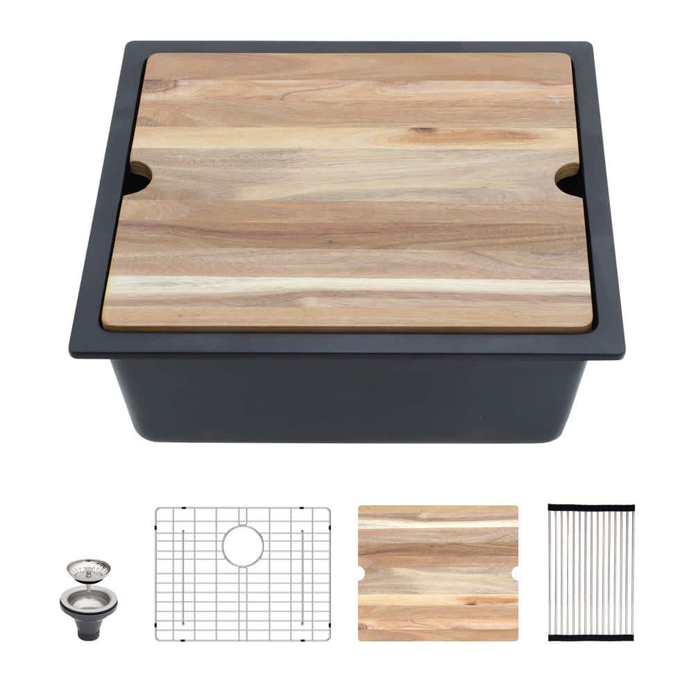 21 in. Undermount Single Bowl Workstation Black Quartz Composite Kitchen Sink Round Corner with Bottom Grid price history on PriceWatchPro