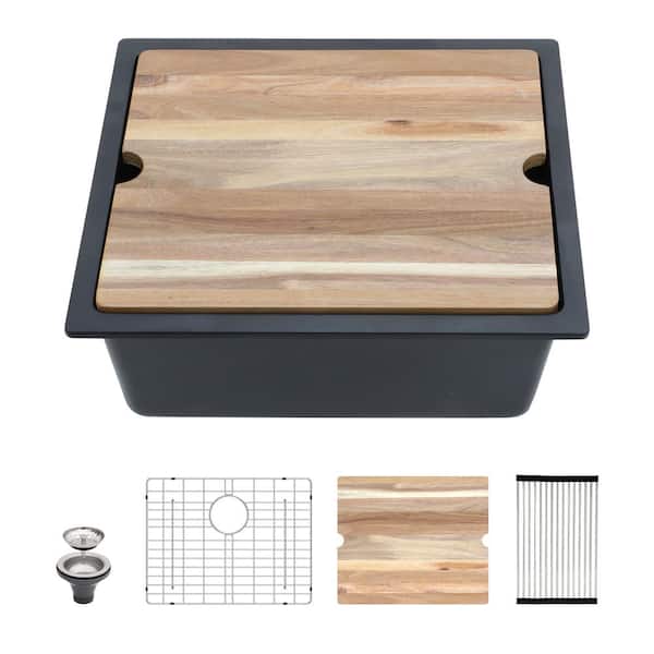 21 in. Undermount Single Bowl Workstation Black Quartz Composite Kitchen Sink Round Corner with Bottom Grid