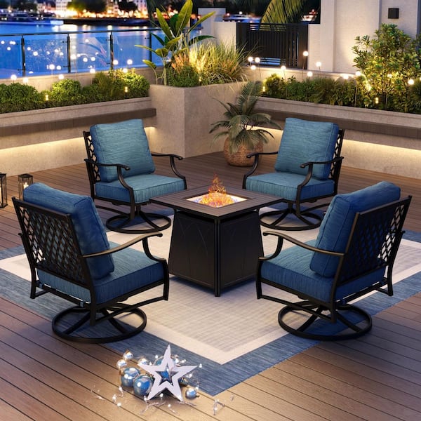 PHI VILLA Metal 4 Seat 5-Piece Steel Outdoor Patio Conversation Set with Peacock Blue Cushions Swivel Chairs Square Fire Pit Table