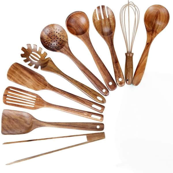 Teak Wood Utensil Set with Non-Stick, Spatula, and Ladle for Cooking and Kitchen Use (10-Pack)
