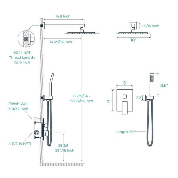 ANZA 10 in. 2-Jet High-Pressure Rainfall Bathroom Shower System in