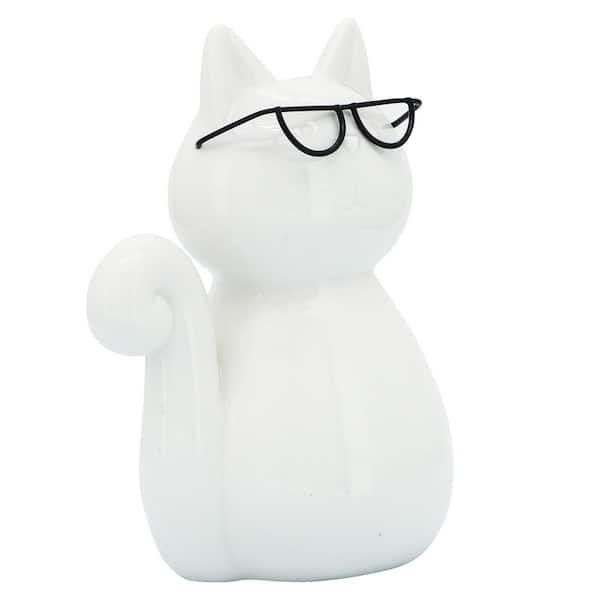 Liv & Skye White 6 in. x 8 in. Ceramic Cat with Glasses Decorative Figurine