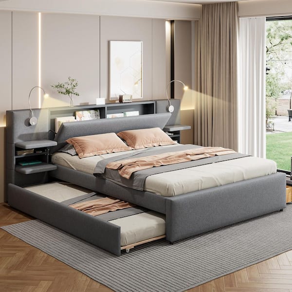 Gray Wood Frame Queen Size Upholstered Platform Bed with Trundle, 2 Drawers, Reading Lights and Shelves