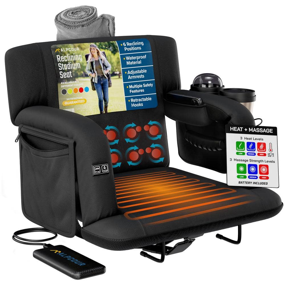 ALPCOUR Premium Heated Massage Reclining Stadium Seat 21 in. Wide Bleacher Chair w/ Back Support Cushion Armrests & Side Pockets